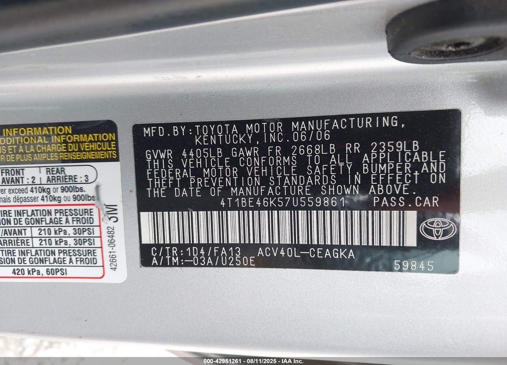 2007 TOYOTA CAMRY XLE VIN: 4T1BE46K57U559861