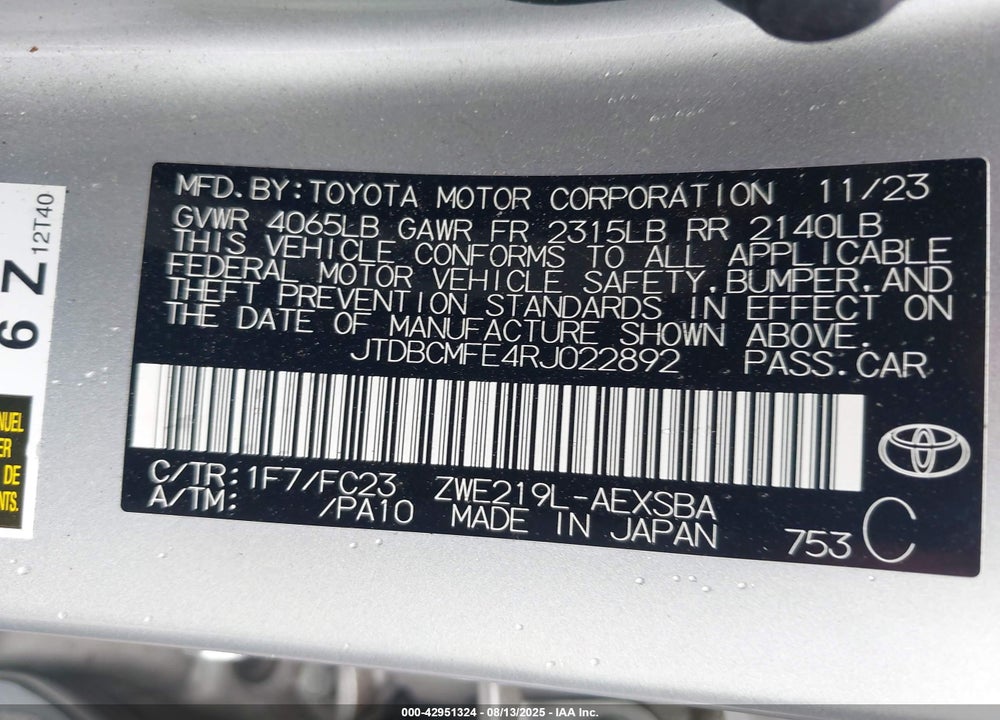 2024 TOYOTA COROLLA VIN: JTDBCMFE4RJ022892