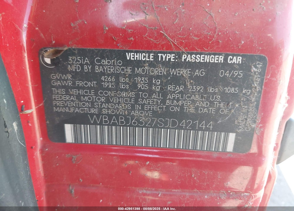 1995 BMW 325 IC AUTOMATIC VIN: WBABJ6327SJD42144