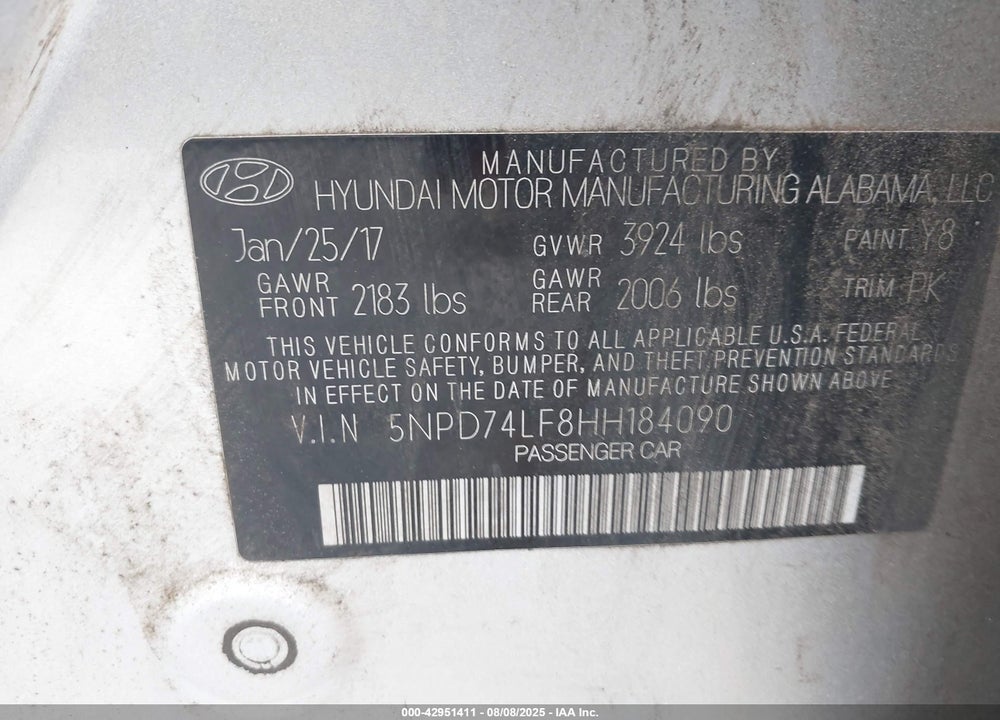 2017 HYUNDAI ELANTRA VIN: 5NPD74LF8HH184090