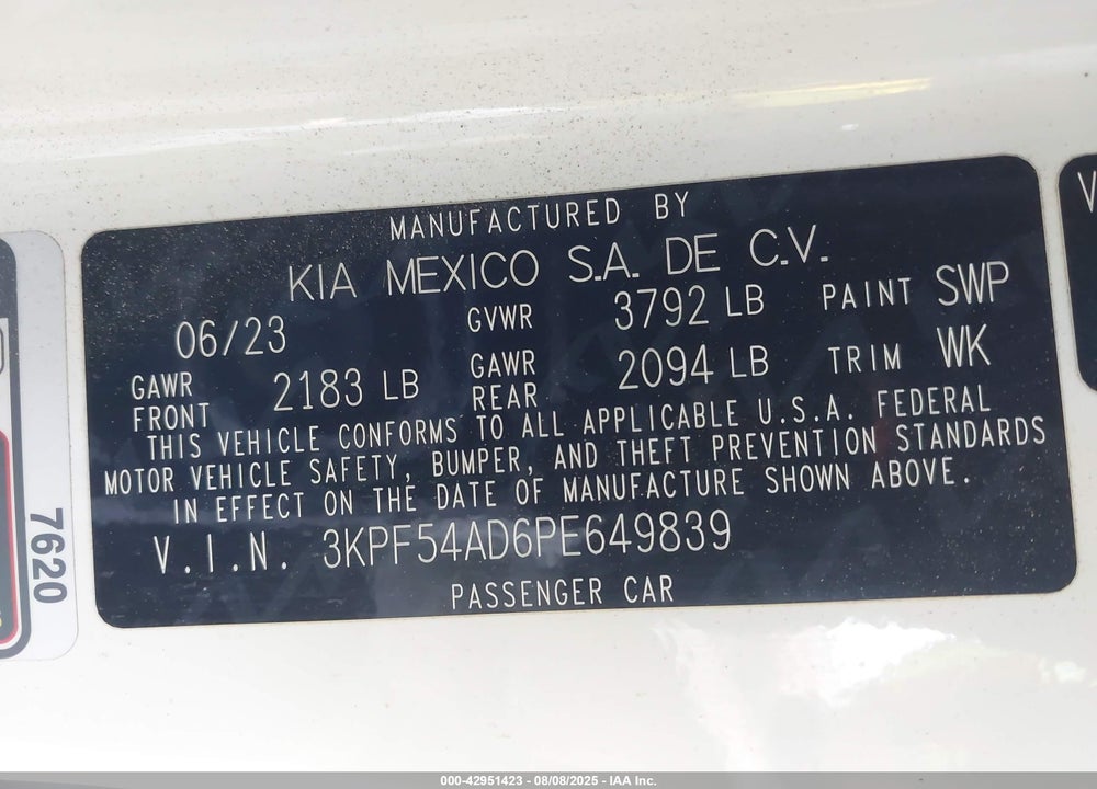 2023 KIA FORTE VIN: 3KPF54AD6PE649839