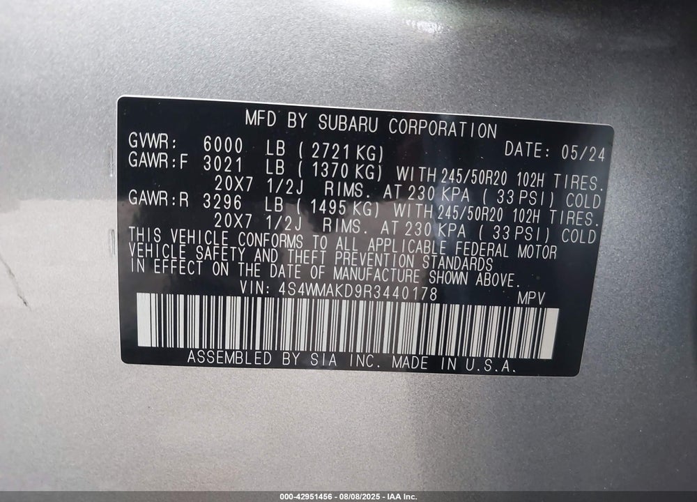 2024 SUBARU ASCENT VIN: 4S4WMAKD9R3440178