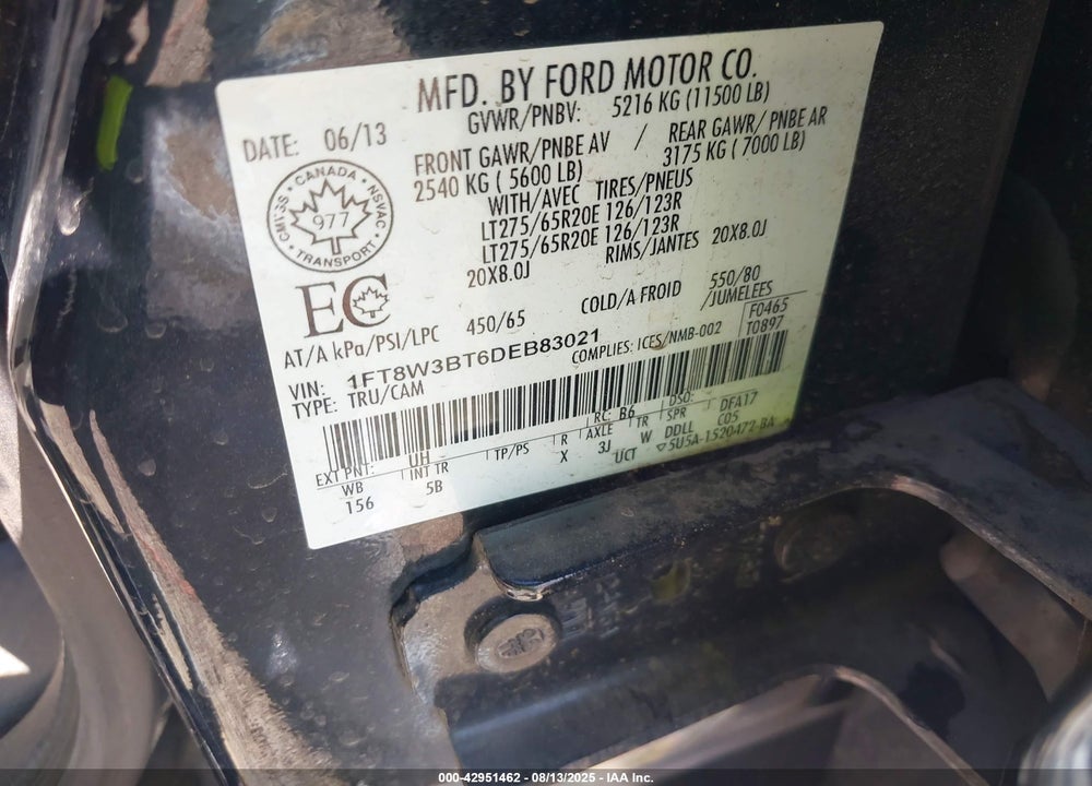 2013 FORD F-350 LARIAT VIN: 1FT8W3BT6DEB83021
