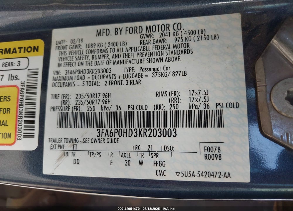 2019 FORD FUSION VIN: 3FA6P0HD3KR203003