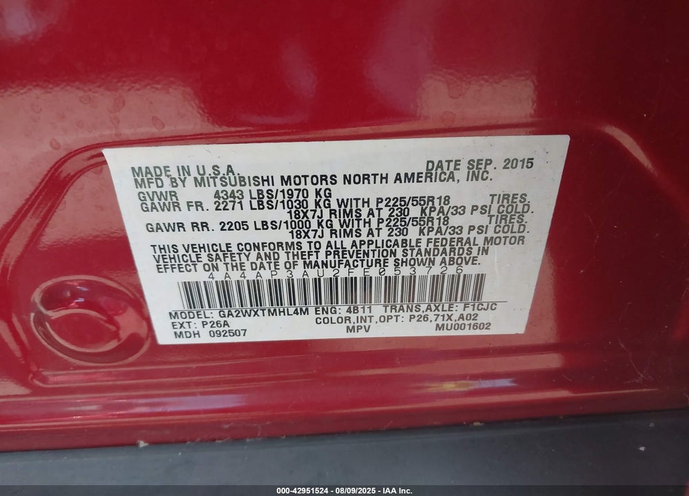 2015 MITSUBISHI OUTLANDER SPORT ES VIN: 4A4AP3AU2FE053726