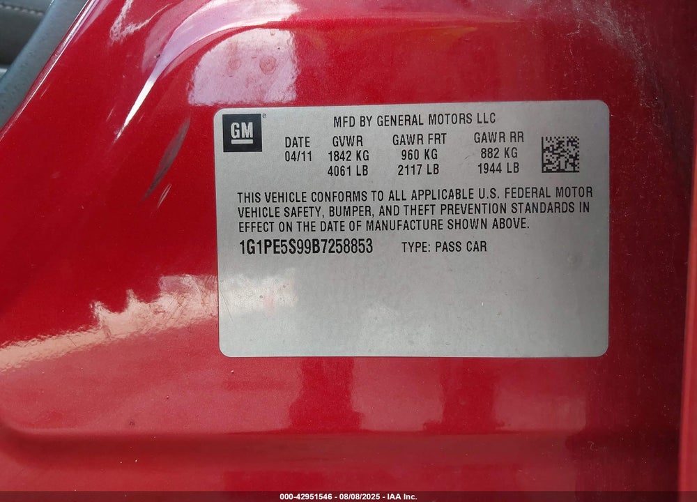 2011 CHEVROLET CRUZE VIN: 1G1PE5S99B7258853