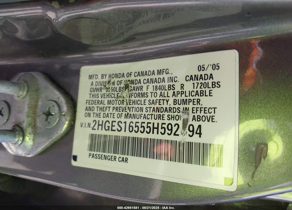 2005 HONDA CIVIC LX VIN: 2HGES16555H592394