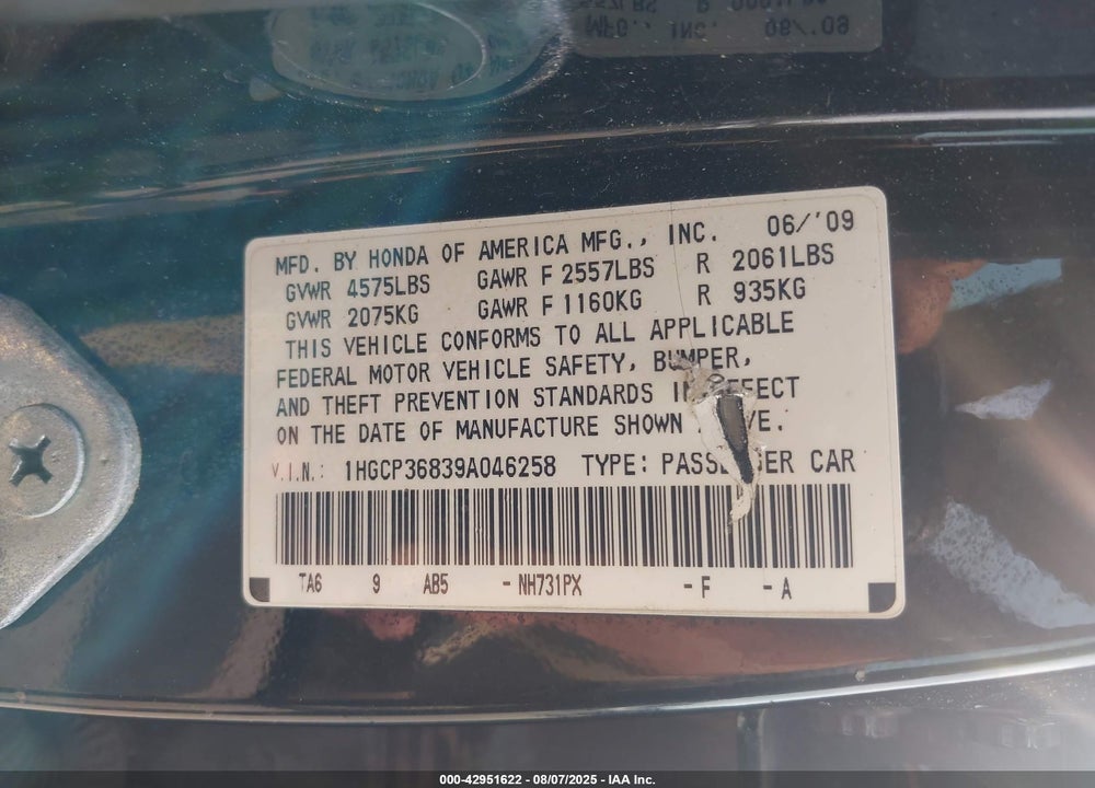 2009 HONDA ACCORD VIN: 1HGCP36839A046258