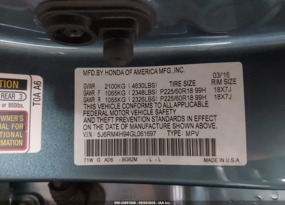 2016 HONDA CR-V VIN: 5J6RM4H94GL061697