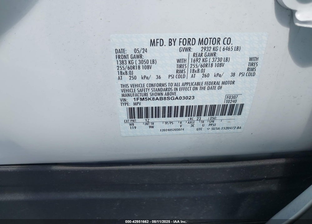 2025 FORD POLICE INTERCEPTOR UTILITY VIN: 1FM5K8AB8SGA03023