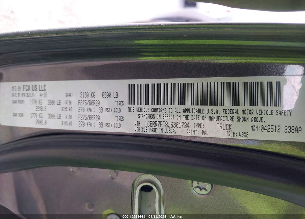 2018 RAM 1500 VIN: 1C6RR7FT8JS301734