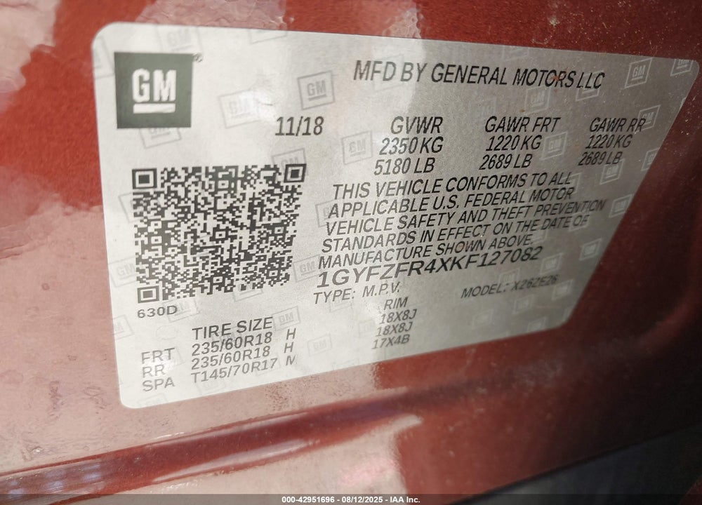 2019 CADILLAC XT4 VIN: 1GYFZFR4XKF127082