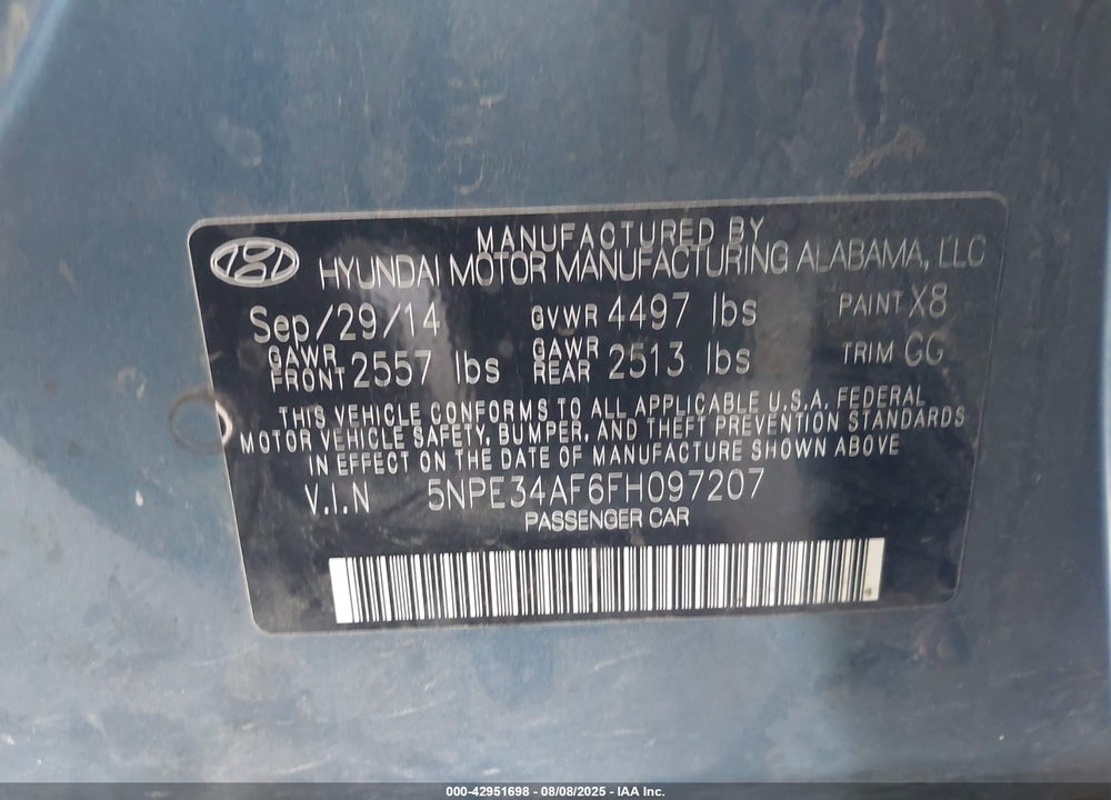 2015 HYUNDAI SONATA SPORT VIN: 5NPE34AF6FH097207