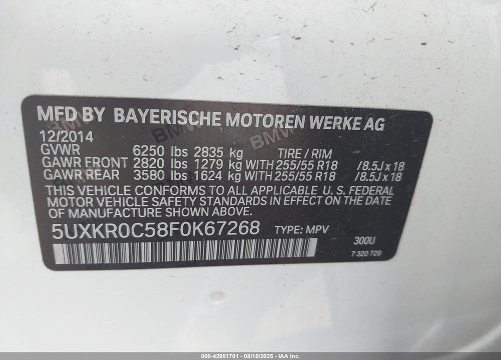 2015 BMW X5 XDRIVE35I VIN: 5UXKR0C58F0K67268