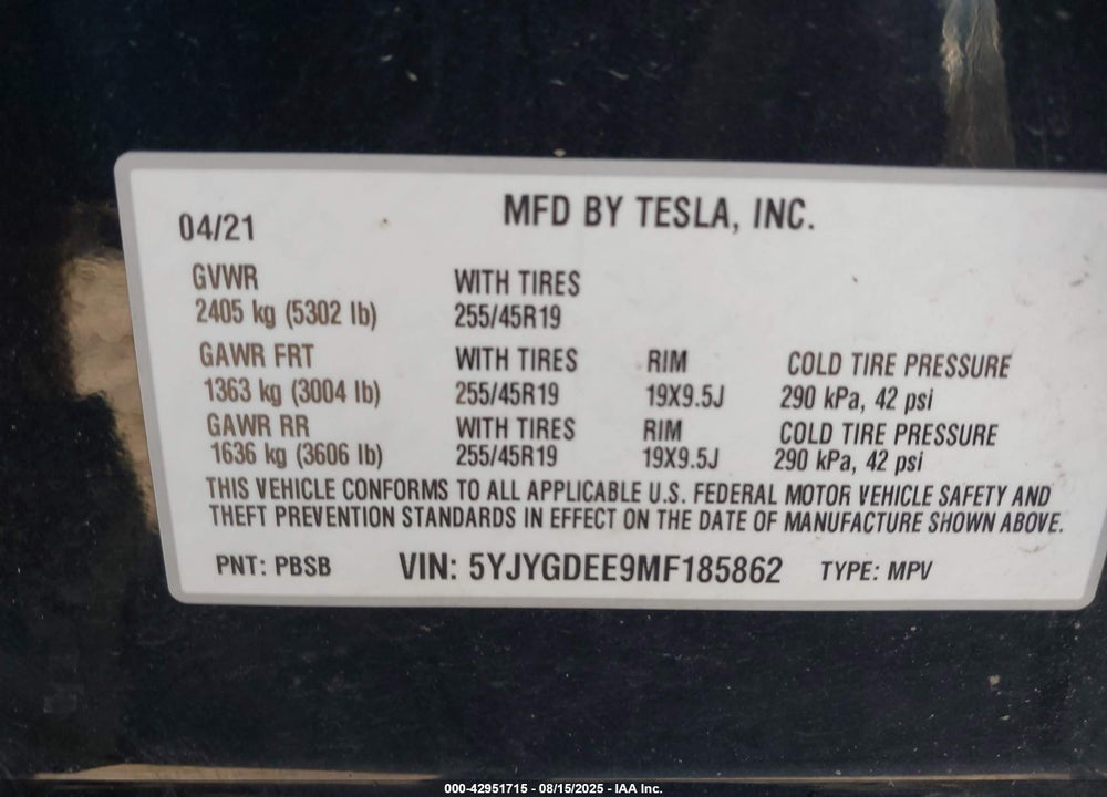 2021 TESLA MODEL Y VIN: 5YJYGDEE9MF185862