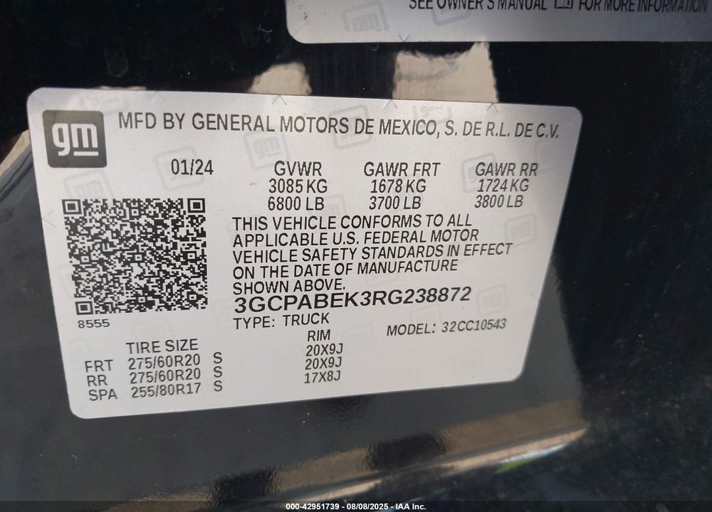 2024 CHEVROLET SILVERADO 1500 2WD SHORT BED CUSTOM VIN: 3GCPABEK3RG238872