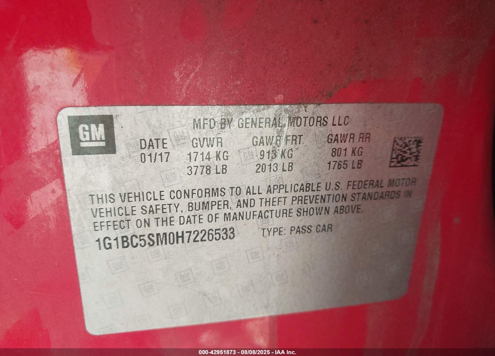 2017 CHEVROLET CRUZE VIN: 1G1BC5SM0H7226533