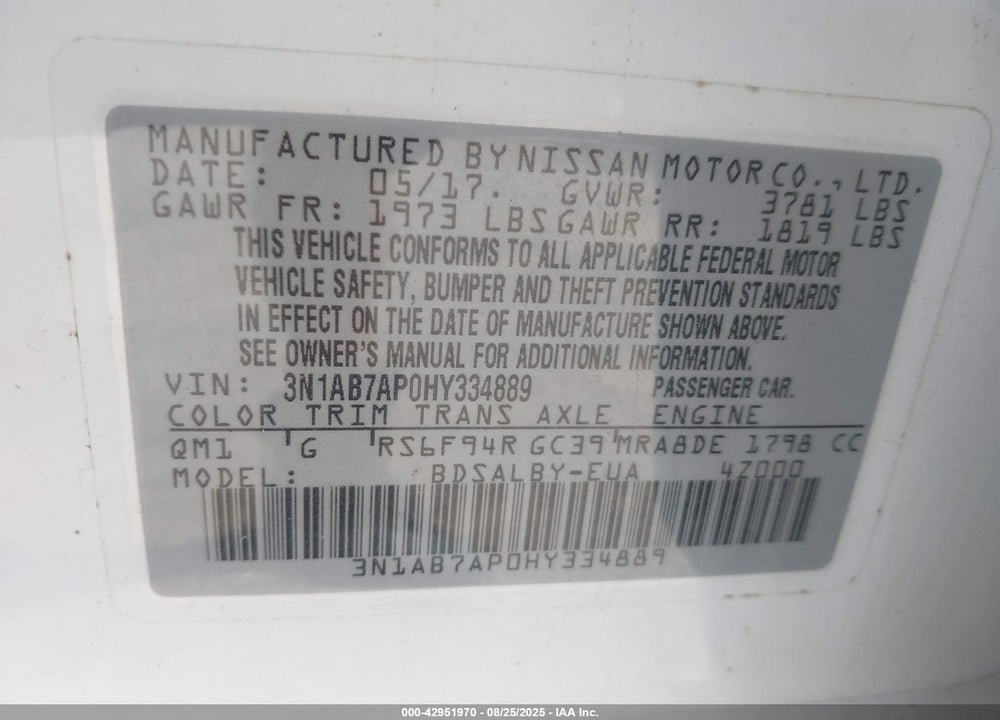 2017 NISSAN SENTRA VIN: 3N1AB7AP0HY334889