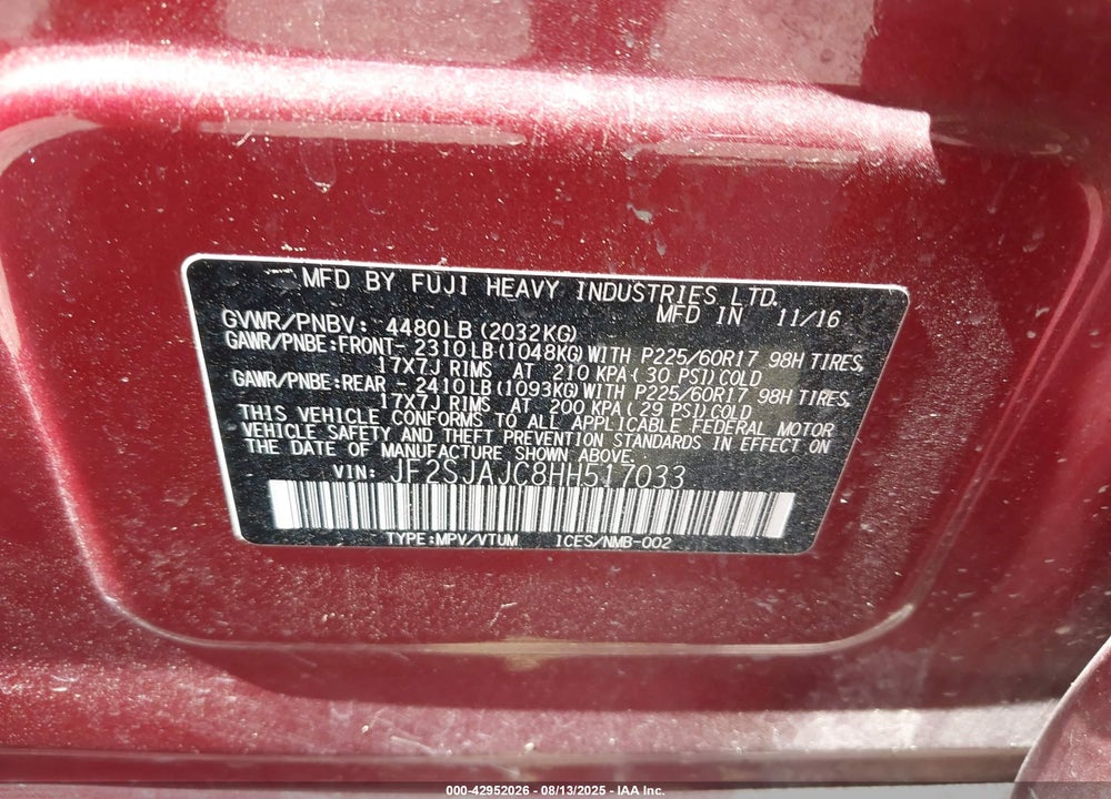 2017 SUBARU FORESTER VIN: JF2SJAJC8HH517033