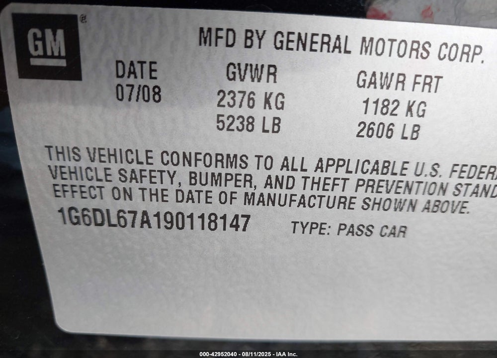 2009 CADILLAC STS VIN: 1G6DL67A190118147