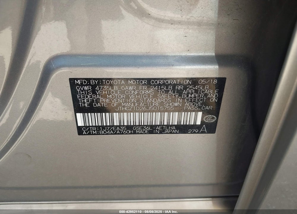 2018 LEXUS IS 350 VIN: JTHCZ1D26J5015755