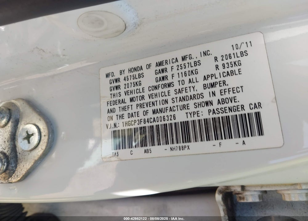 2012 HONDA ACCORD VIN: 1HGCP3F84CA006326