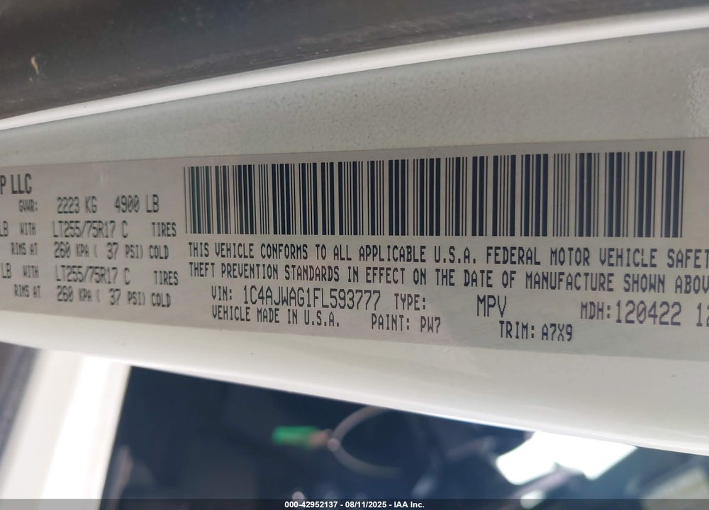 2015 JEEP WRANGLER / VIN: 1C4AJWAG1FL593777