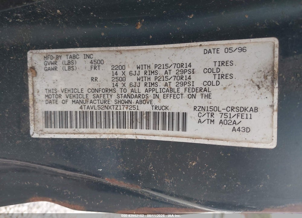 1996 TOYOTA TACOMA XTRACAB VIN: 4TAVL52NXTZ177251
