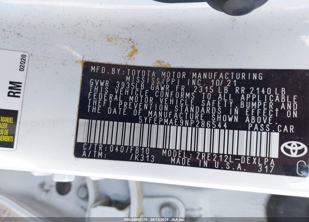 2022 TOYOTA COROLLA VIN: 5YFEPMAE9NP286544