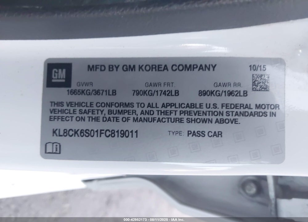 2015 CHEVROLET SPARK EV 1LT VIN: KL8CK6S01FC819011