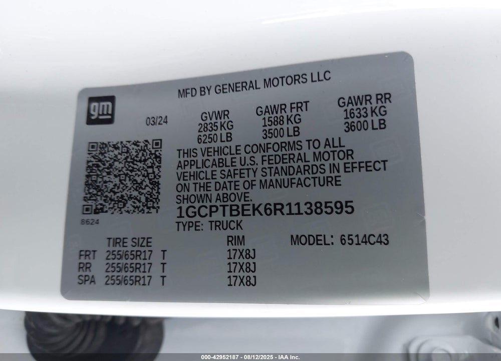 2024 CHEVROLET COLORADO VIN: 1GCPTBEK6R1138595