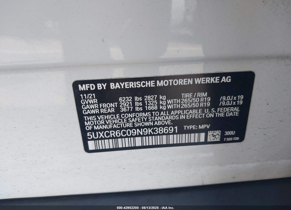 2022 BMW X5 VIN: 5UXCR6C09N9K38691