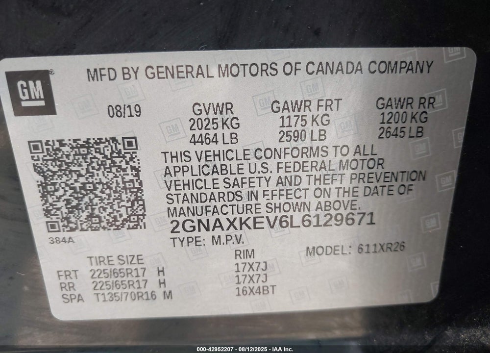 2020 CHEVROLET EQUINOX VIN: 2GNAXKEV6L6129671