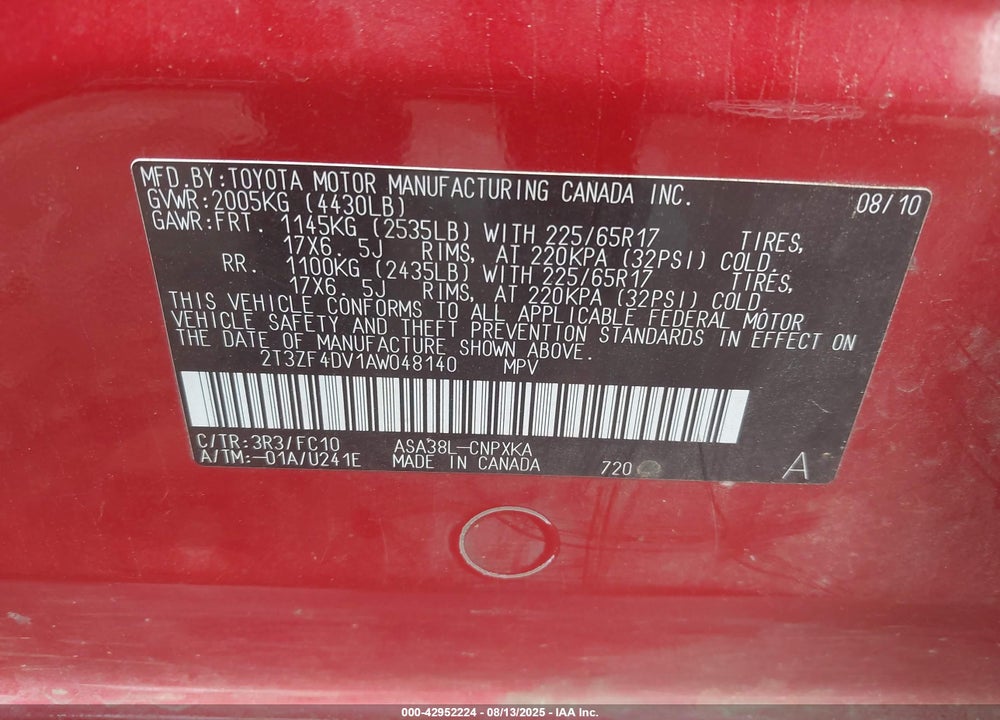 2010 TOYOTA RAV4 VIN: 2T3ZF4DV1AW048140