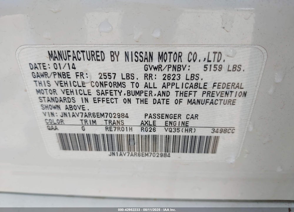 2014 INFINITI Q50 HYBRID SPORT VIN: JN1AV7AR6EM702984