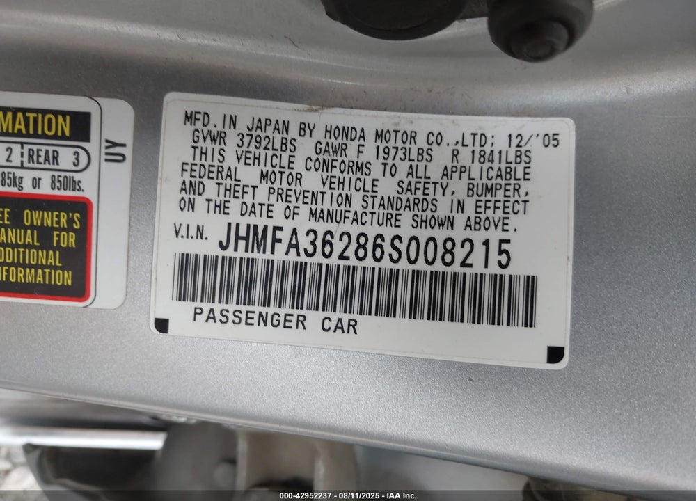 2006 HONDA CIVIC HYBRID VIN: JHMFA36286S008215