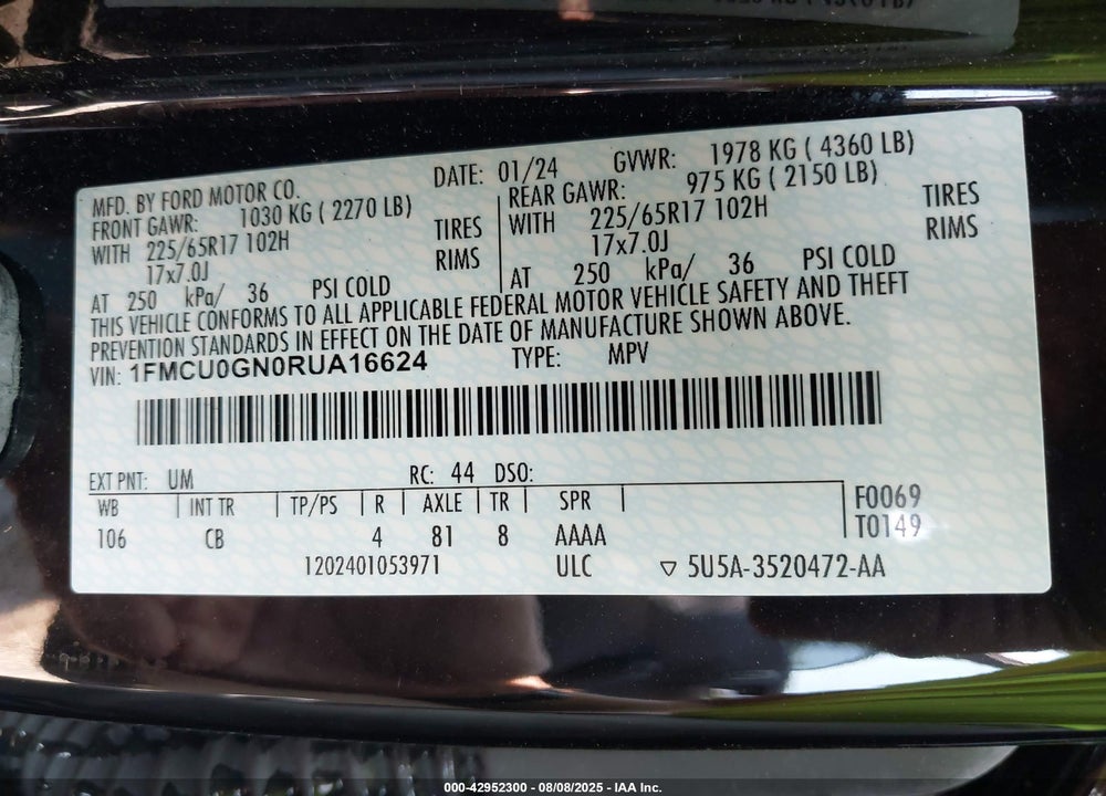 2024 FORD ESCAPE VIN: 1FMCU0GN0RUA16624