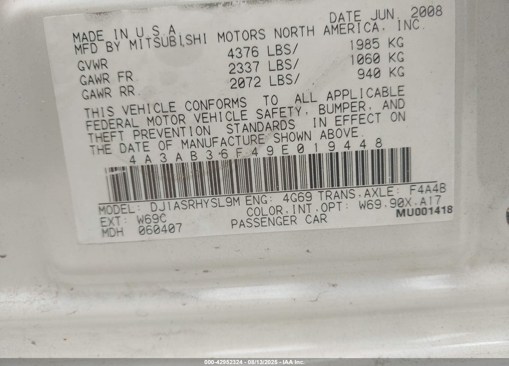 2009 MITSUBISHI GALANT VIN: 4A3AB36F49E019448