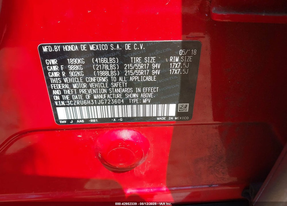 2018 HONDA HR-V LX VIN: 3CZRU6H31JG723604