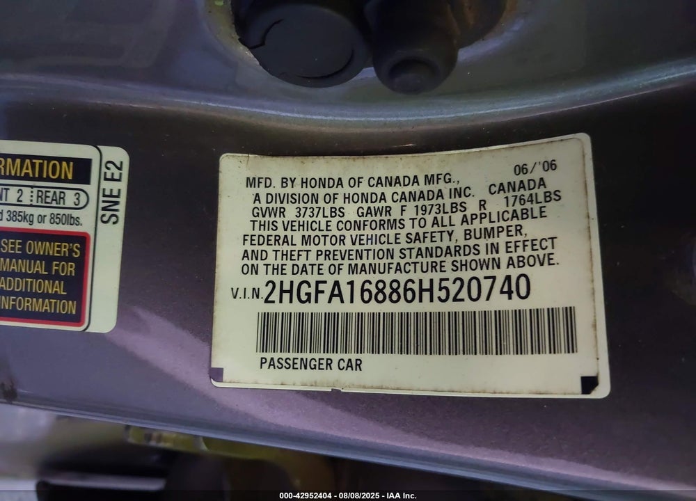 2006 HONDA CIVIC EX VIN: 2HGFA16886H520740