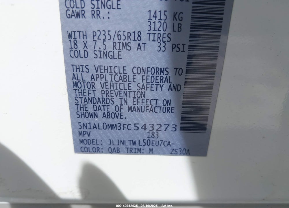 2015 INFINITI QX60 VIN: 5N1AL0MM3FC543273