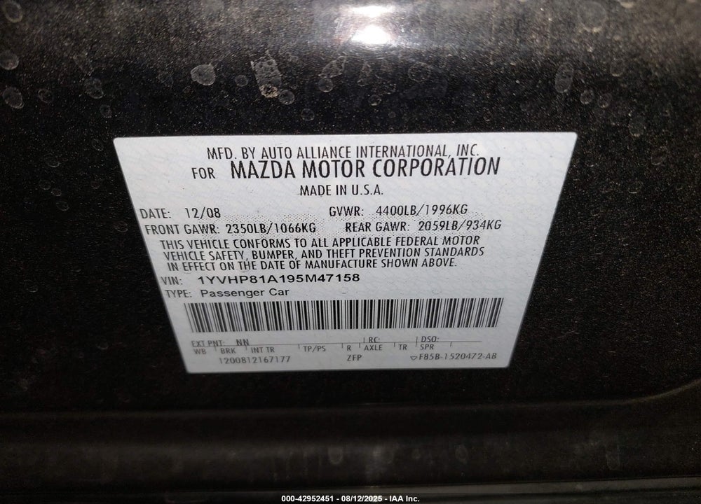 2009 MAZDA 6 VIN: 1YVHP81A195M47158