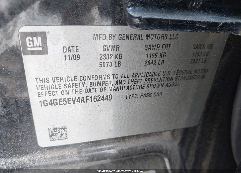 2010 BUICK LACROSSE VIN: 1G4GE5EV4AF162449