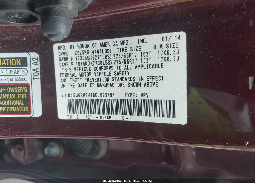 2014 HONDA CR-V EX-L VIN: 5J6RM3H70EL025494