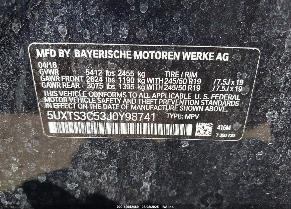 2018 BMW X3 VIN: 5UXTS3C53J0Y98741