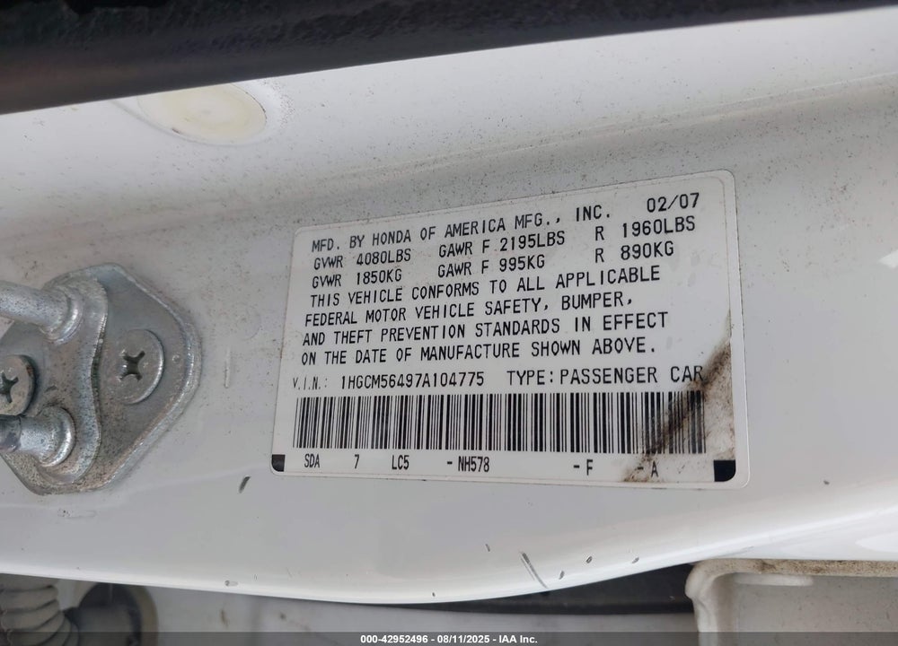 2007 HONDA ACCORD VIN: 1HGCM56497A104775