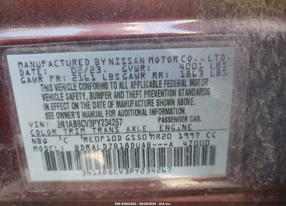 2023 NISSAN SENTRA VIN: 3N1AB8CV3PY234267