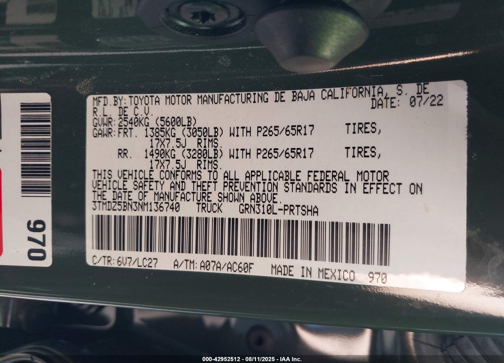 2022 TOYOTA TACOMA VIN: 3TMDZ5BN3NM136740