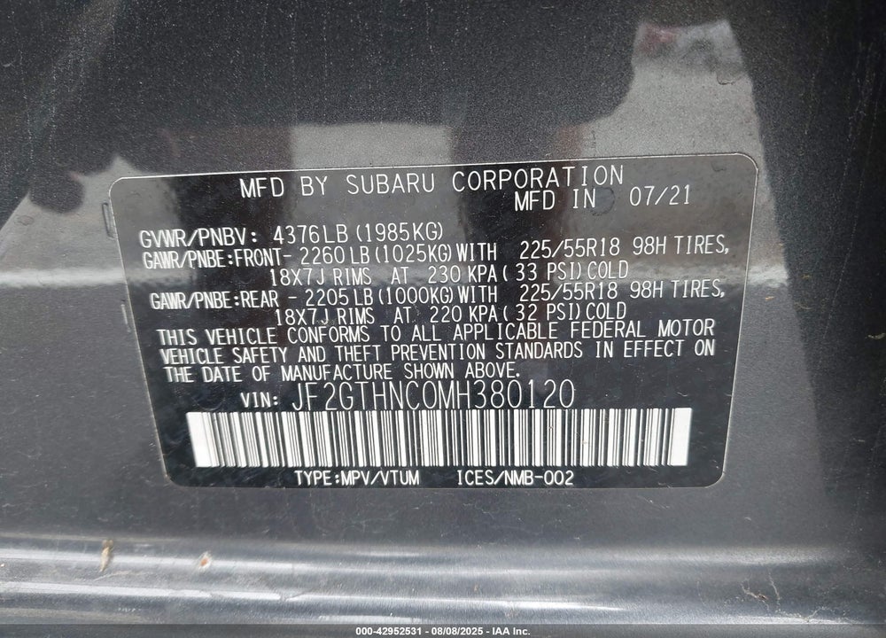 2021 SUBARU CROSSTREK VIN: JF2GTHNC0MH380120