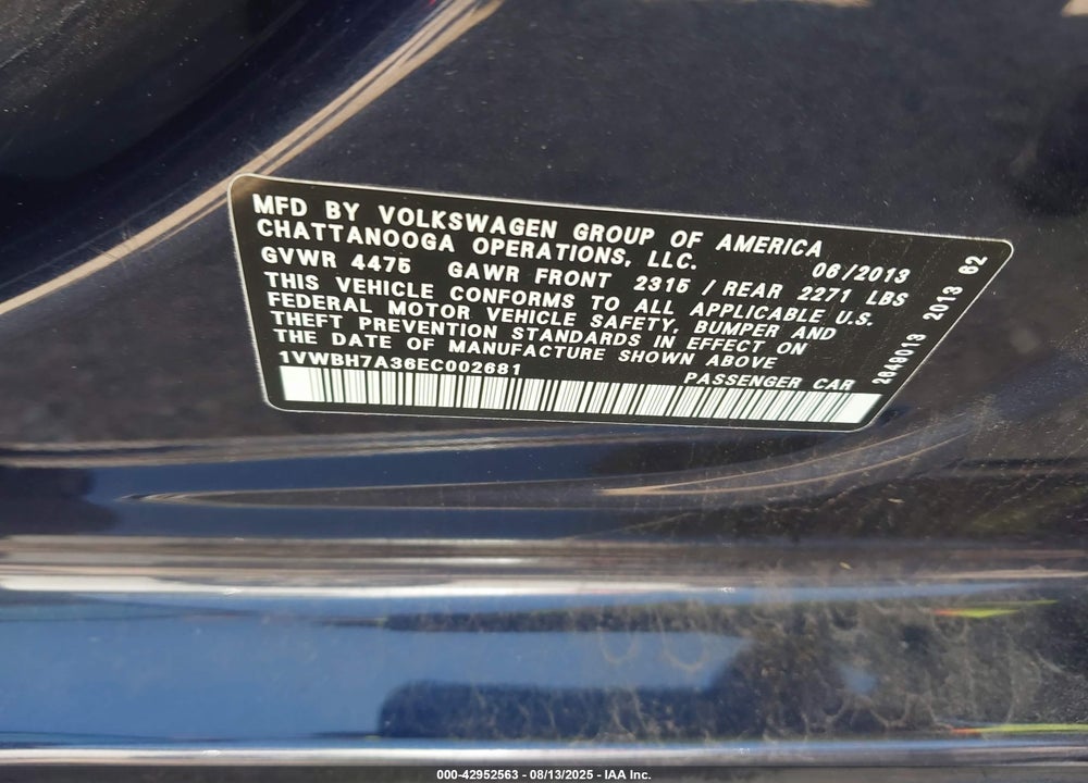 2014 VOLKSWAGEN PASSAT VIN: 1VWBH7A36EC002681